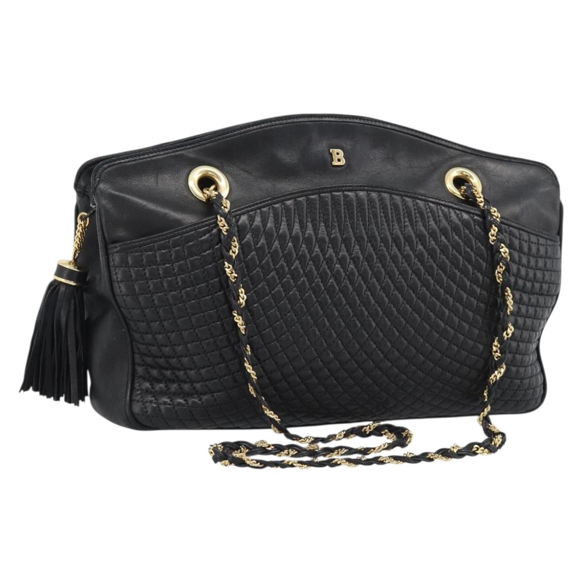 BALLY Chain Shoulder Bag Leather Black Gold Auth 190259
