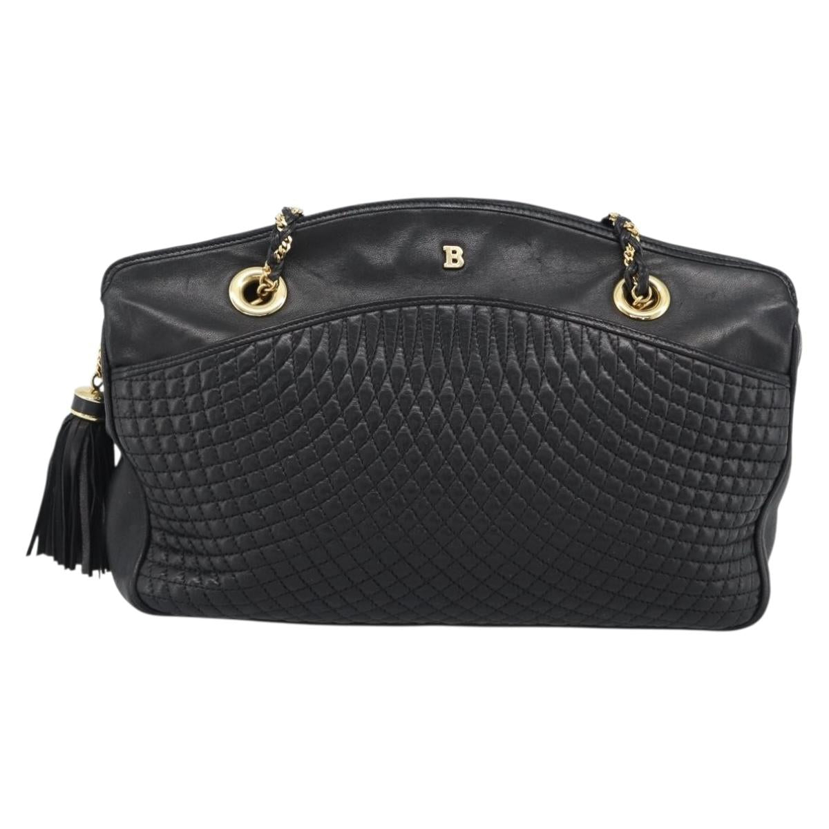 BALLY Chain Shoulder Bag Leather Black Gold Auth 190259