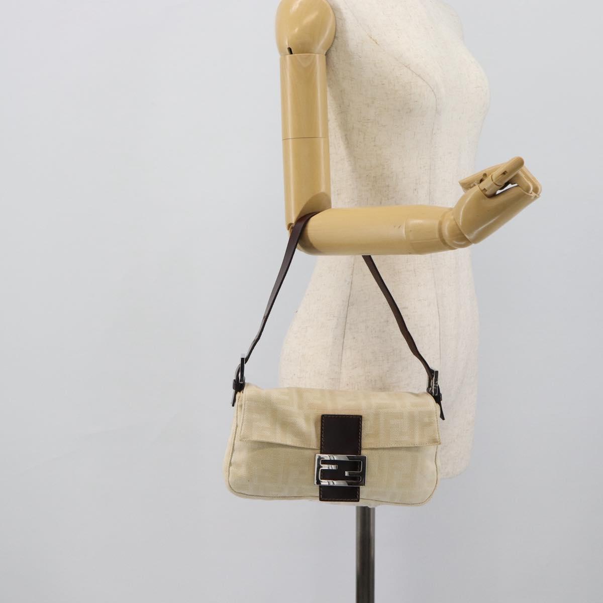 FENDI Zucca Canvas Mamma Baguette Shoulder Bag Beige Silver Auth 190260SAM