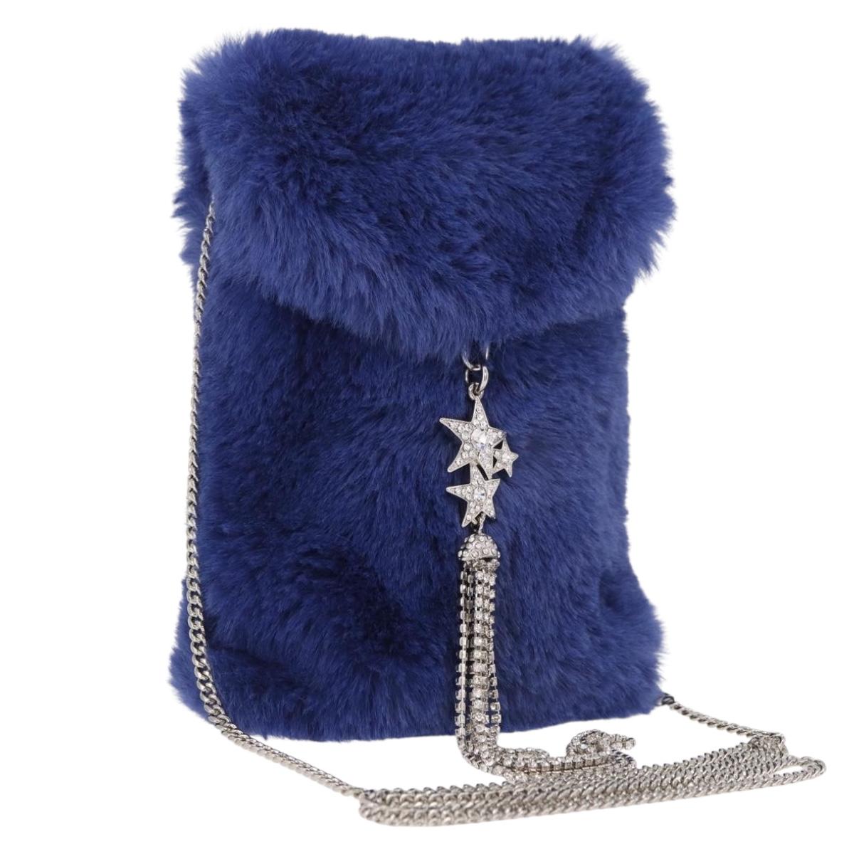 Jimmy Choo Chain Shoulder Phone Holder Acrylic Fur Blue Silver Auth 190265A