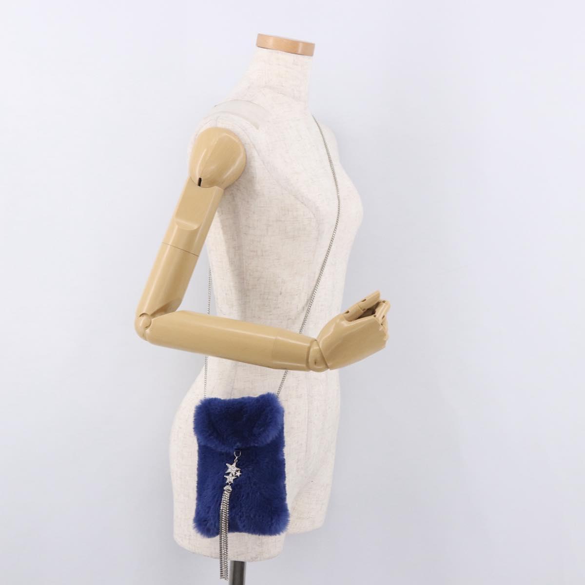 Jimmy Choo Chain Shoulder Phone Holder Acrylic Fur Blue Silver Auth 190265A