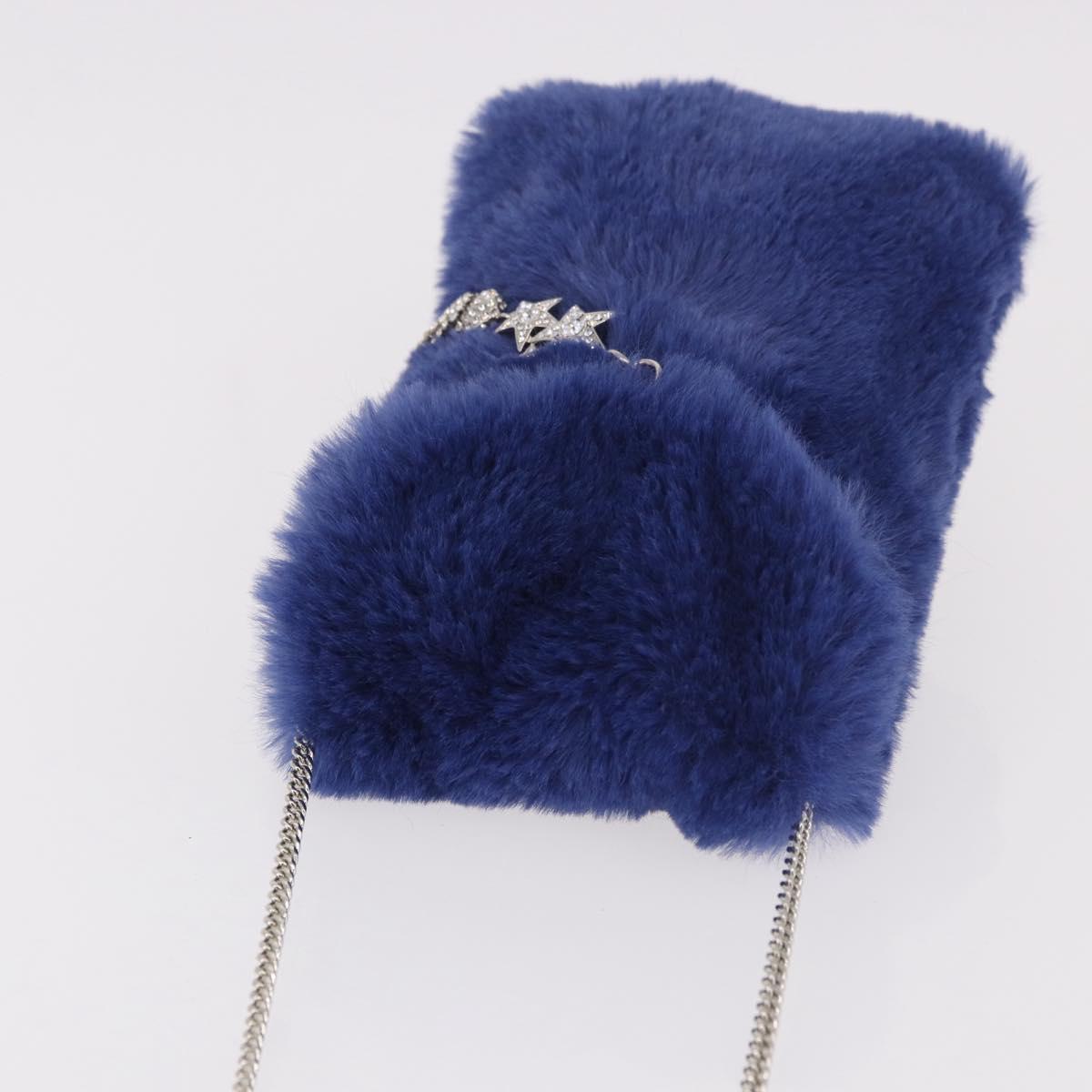 Jimmy Choo Chain Shoulder Phone Holder Acrylic Fur Blue Silver Auth 190265A