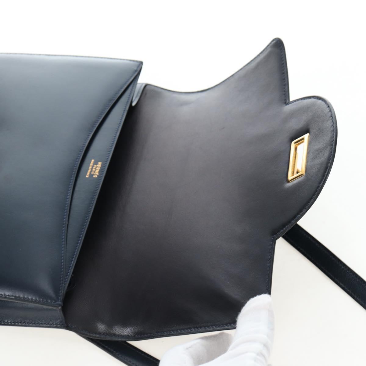 HERMES Sandrine Shoulder Bag Leather Navy Gold Auth 190310M