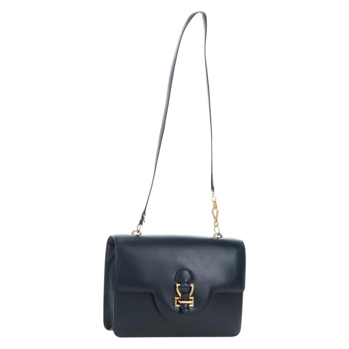 HERMES Sandrine Shoulder Bag Leather Navy Gold Auth 190310M