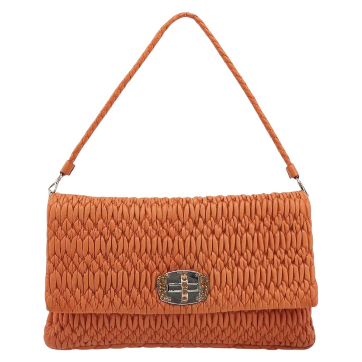 Miu Miu Matelasse Shoulder Bag Leather Orange Silver Auth 190312M
