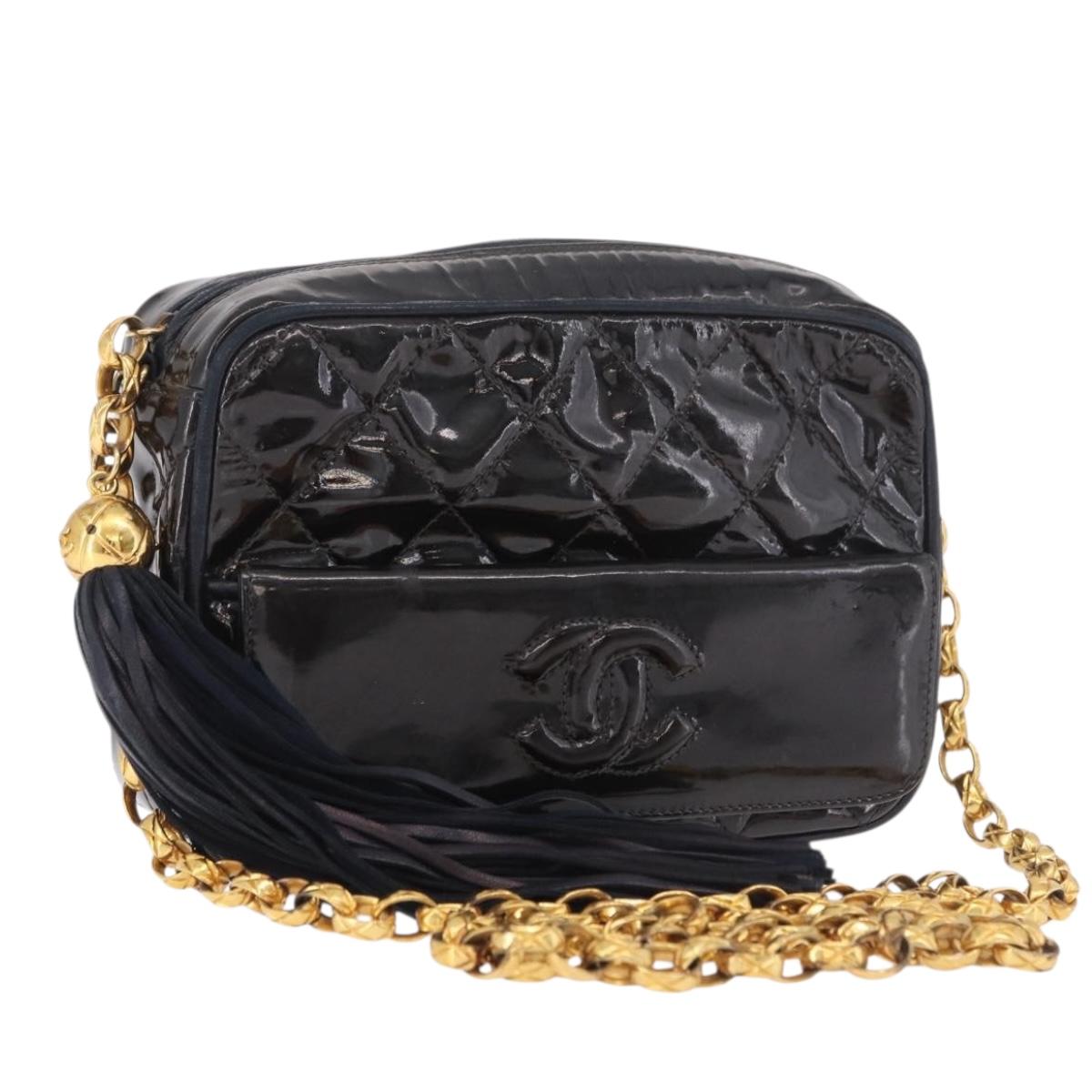 CHANEL Matelasse Chain Shoulder Bag Patent Leather Black Gold CC Auth 190323