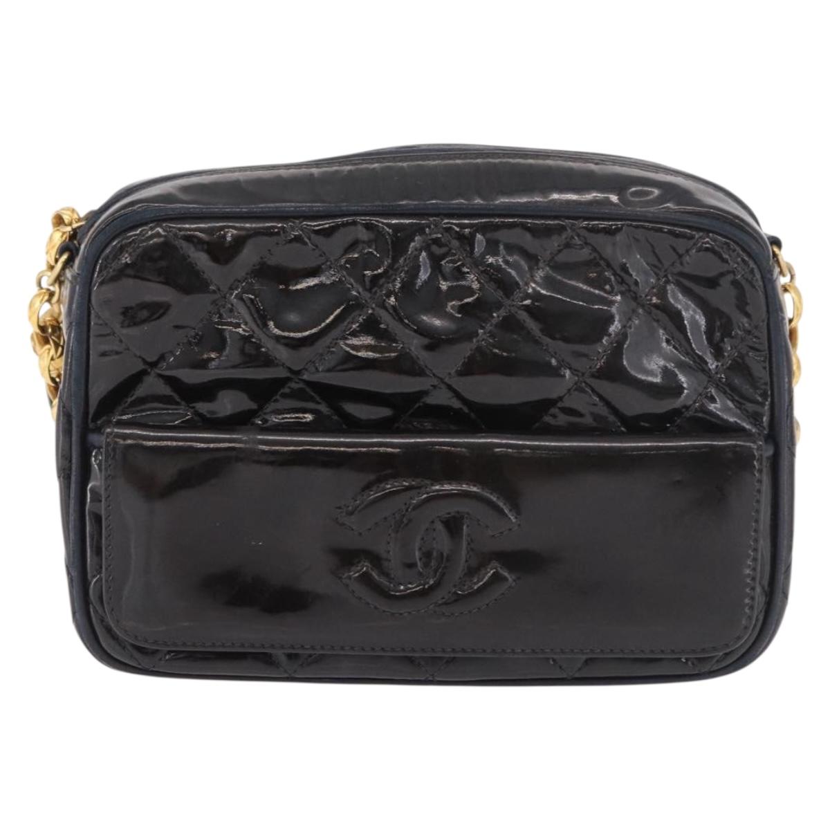 CHANEL Matelasse Chain Shoulder Bag Patent Leather Black Gold CC Auth 190323