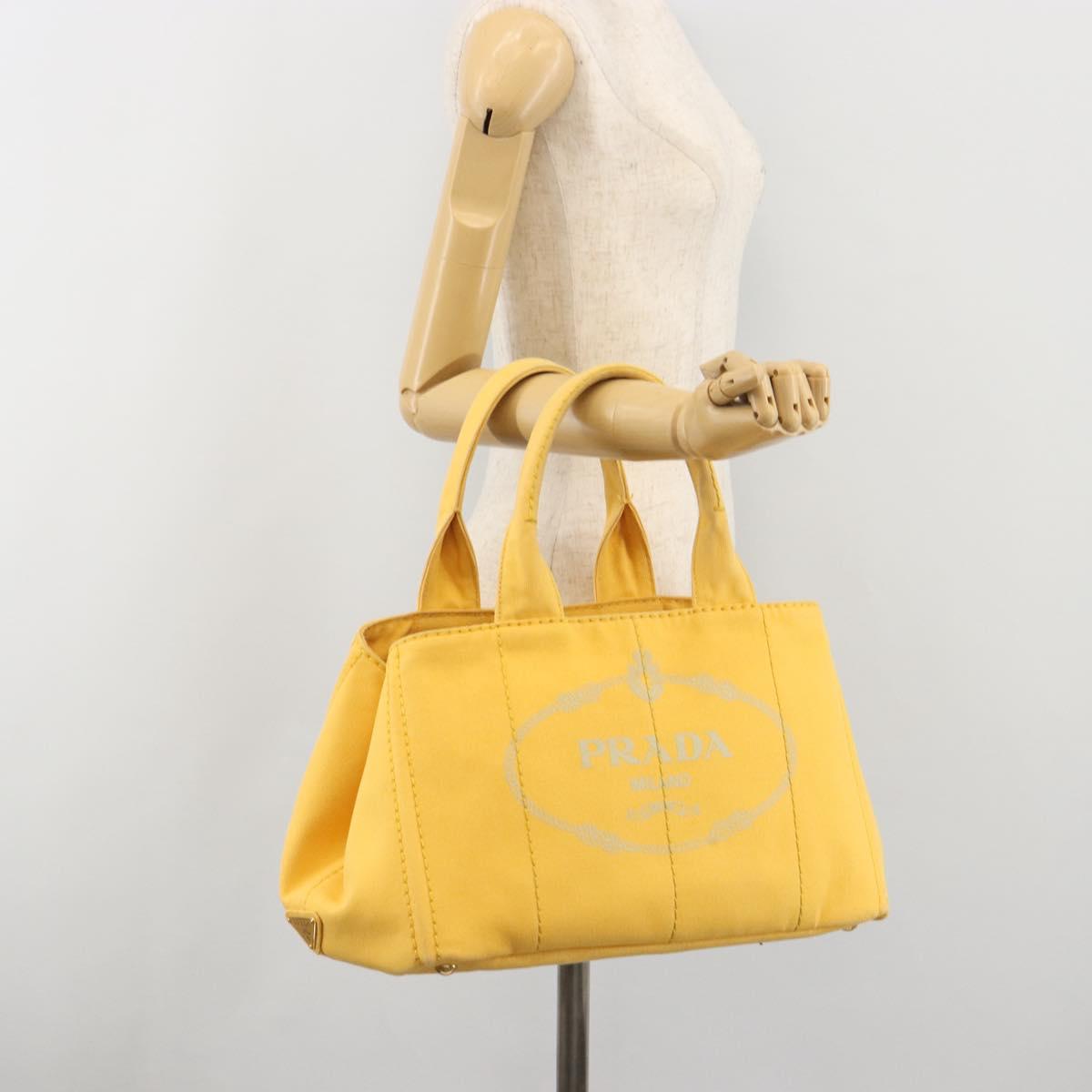 PRADA Canapa M Hand Bag Canvas Yellow Gold Auth 190356A