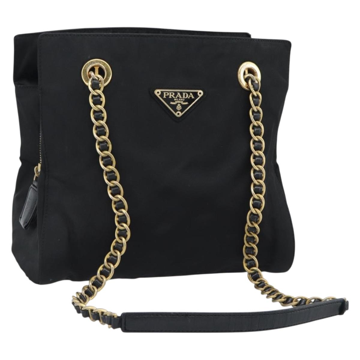 PRADA Chain Shoulder Bag Nylon Black Gold Auth 190360A