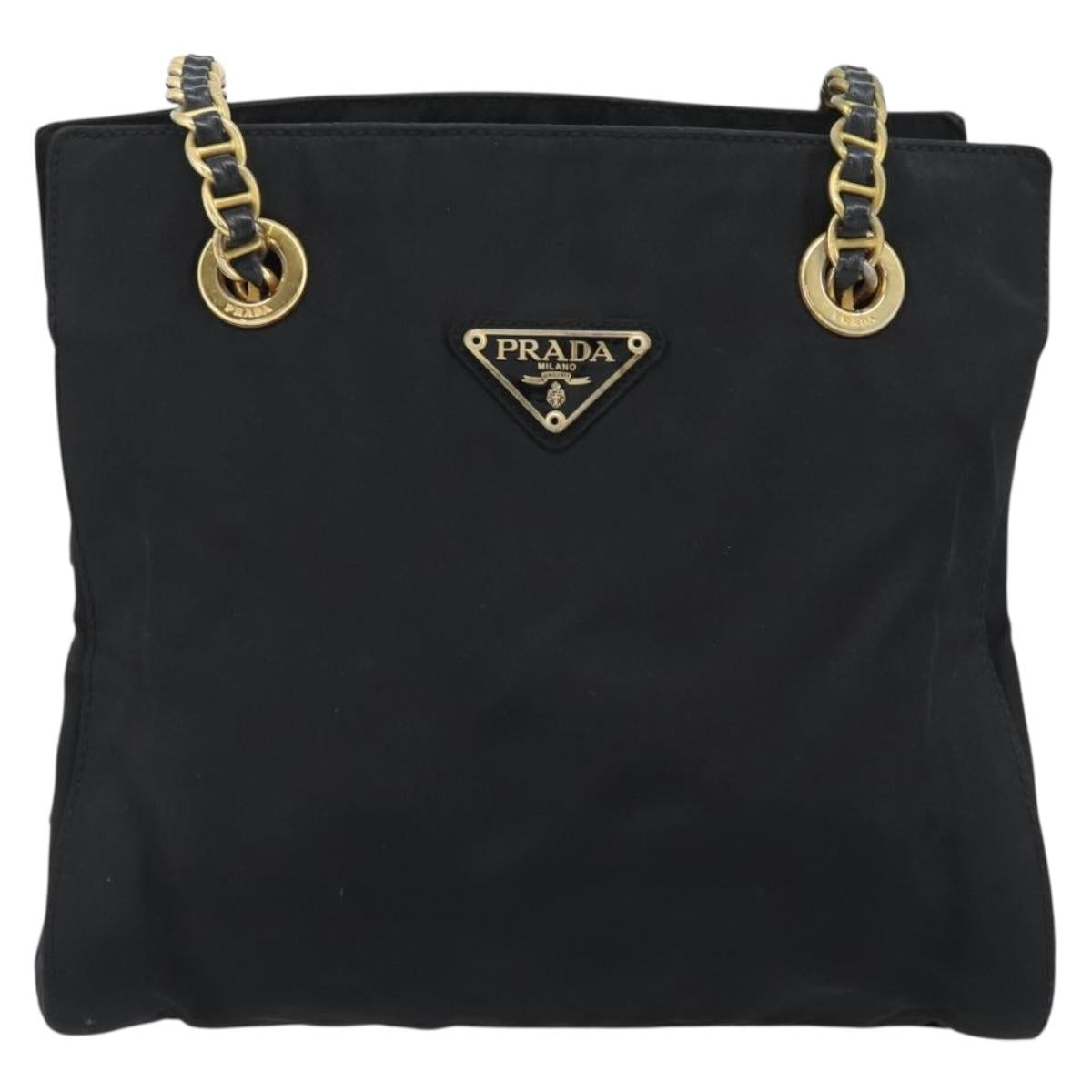PRADA Chain Shoulder Bag Nylon Black Gold Auth 190360A