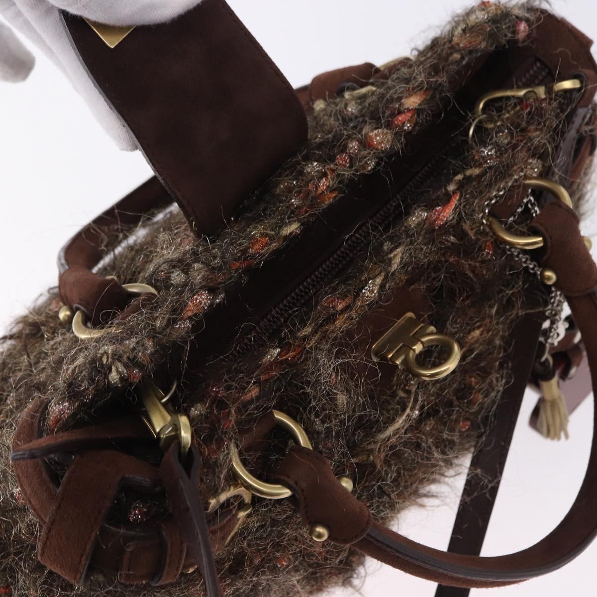 Salvatore Ferragamo Gancini Marisa Hand Bag tweed 2way Brown Gold Auth 190361A