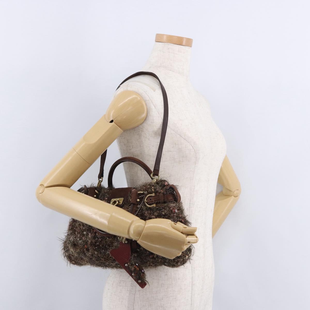 Salvatore Ferragamo Gancini Marisa Hand Bag tweed 2way Brown Gold Auth 190361A