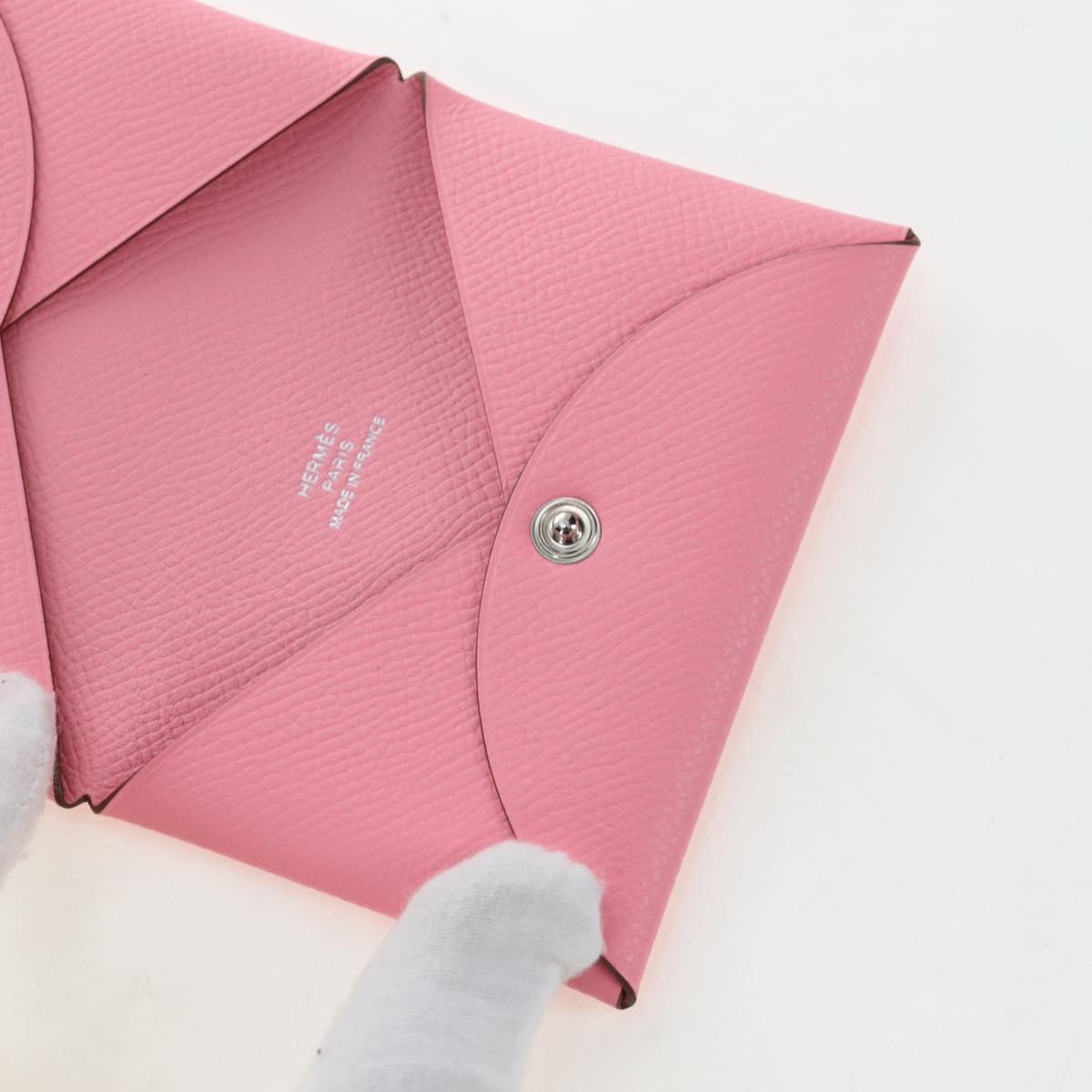 HERMES Calvi Card Case Leather Pink Auth 190365M