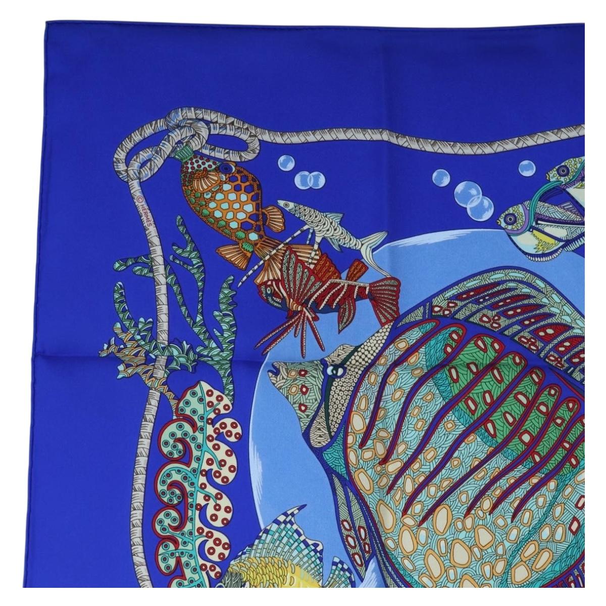 HERMES Carre 90 Scarf ”Grands Fonds” Silk Blue Auth 190368M