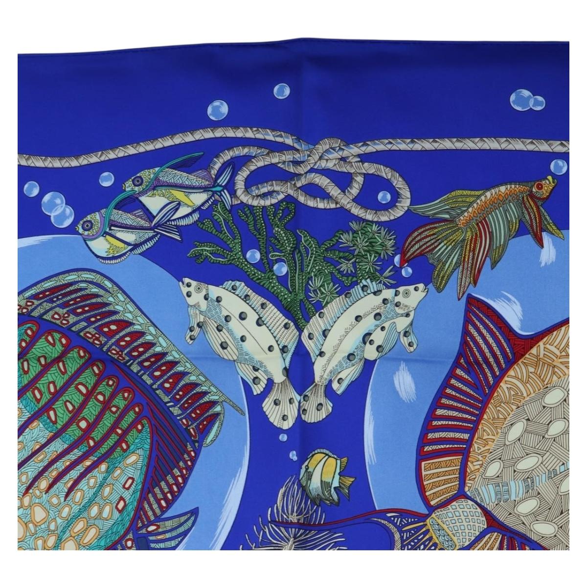 HERMES Carre 90 Scarf ”Grands Fonds” Silk Blue Auth 190368M