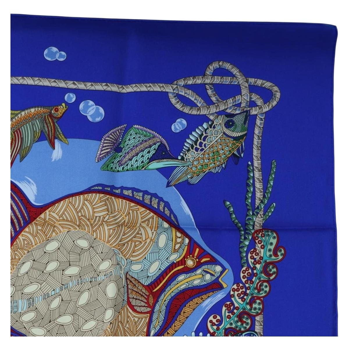HERMES Carre 90 Scarf ”Grands Fonds” Silk Blue Auth 190368M