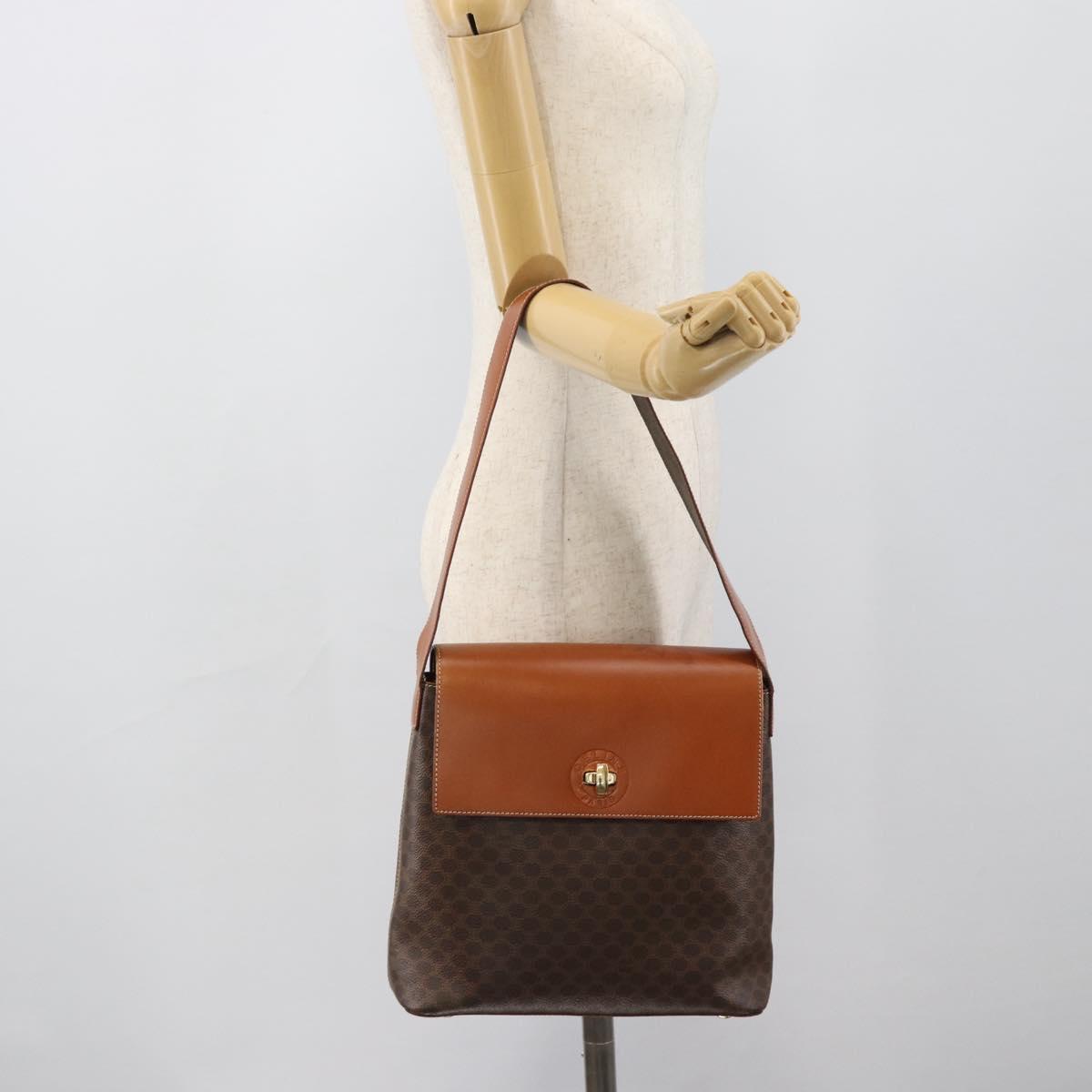 CELINE Macadam Canvas Shoulder Bag PVC Leather Brown Gold Auth 190382A
