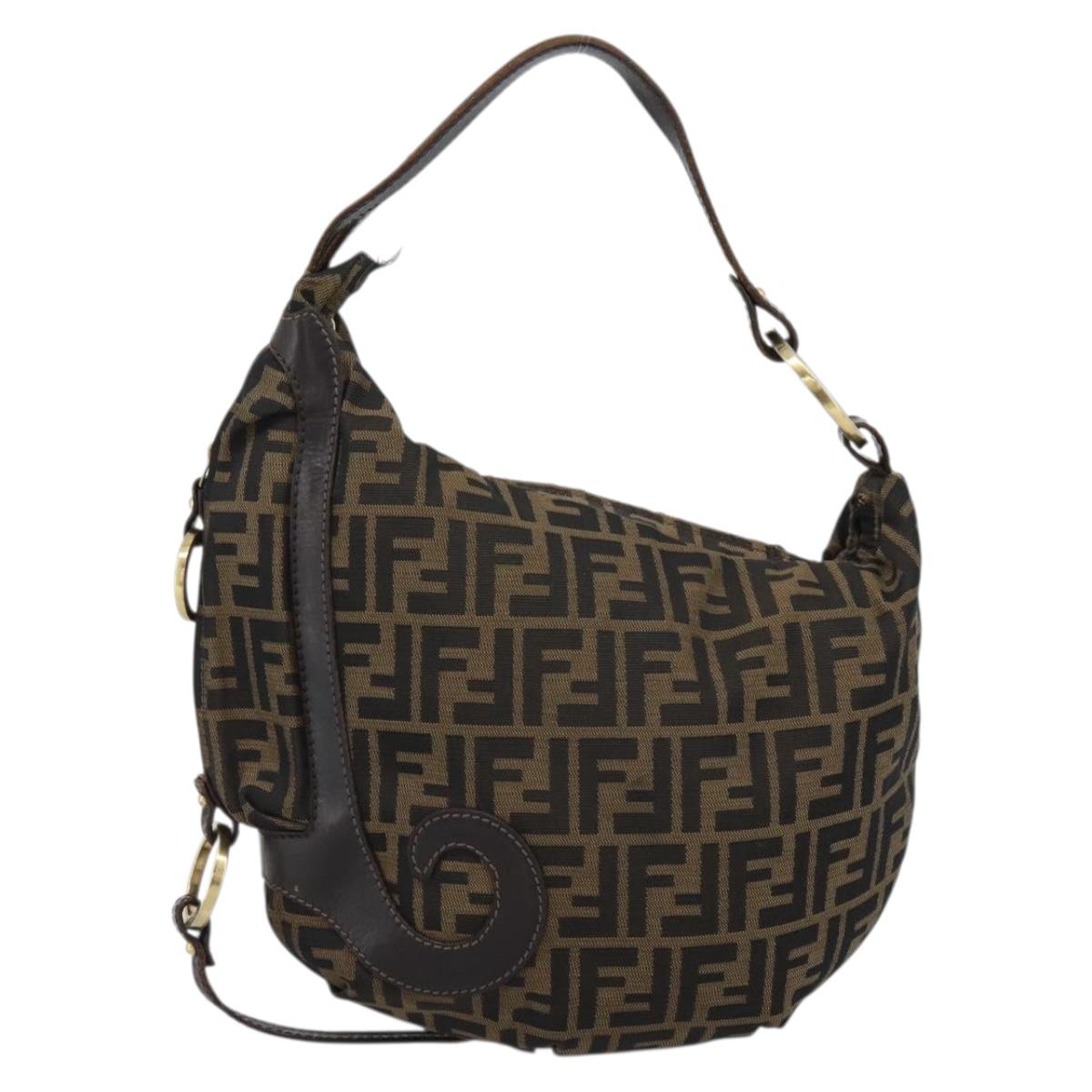 FENDI Zucca Canvas Shoulder Bag Brown Black Auth 190384A