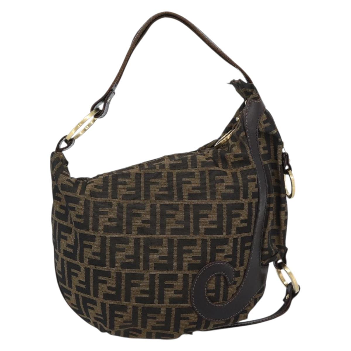FENDI Zucca Canvas Shoulder Bag Brown Black Auth 190384A