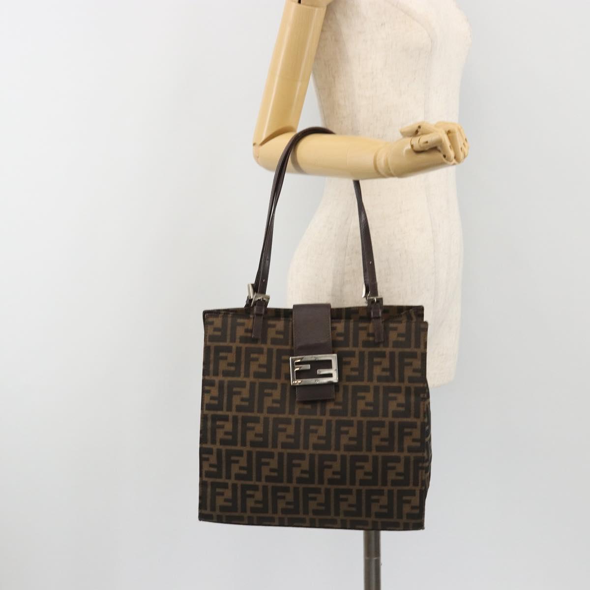 FENDI Zucca Canvas Mamma Baguette Tote Bag Brown Black Auth 190385