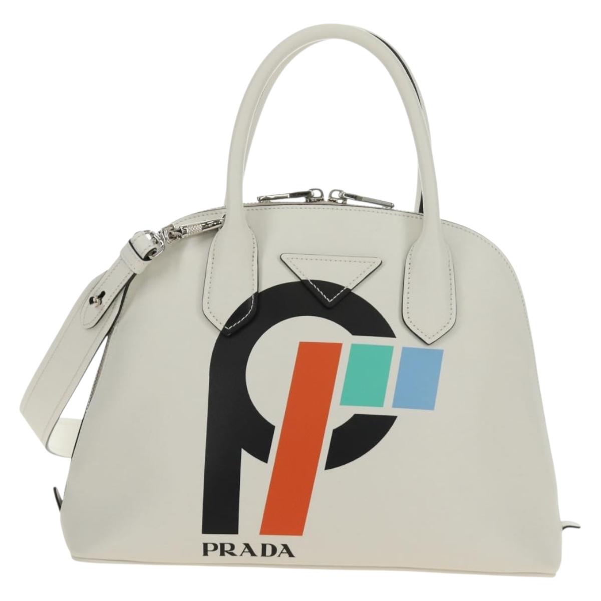 PRADA Hand Bag Leather 2way White Silver Auth 190398SAM