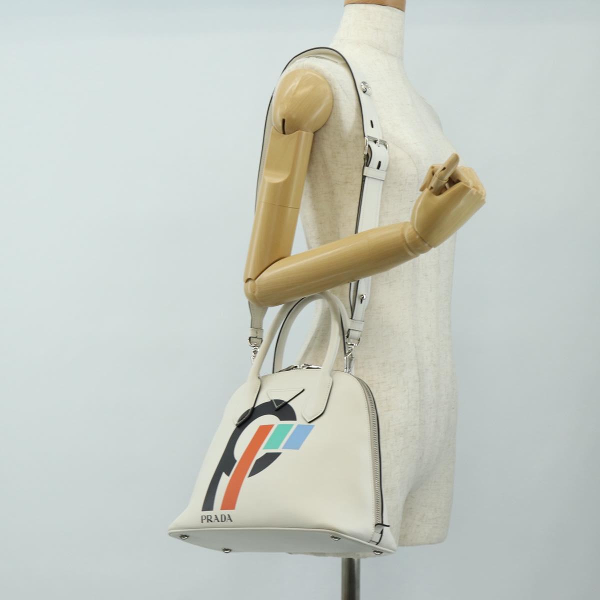 PRADA Hand Bag Leather 2way White Silver Auth 190398SAM