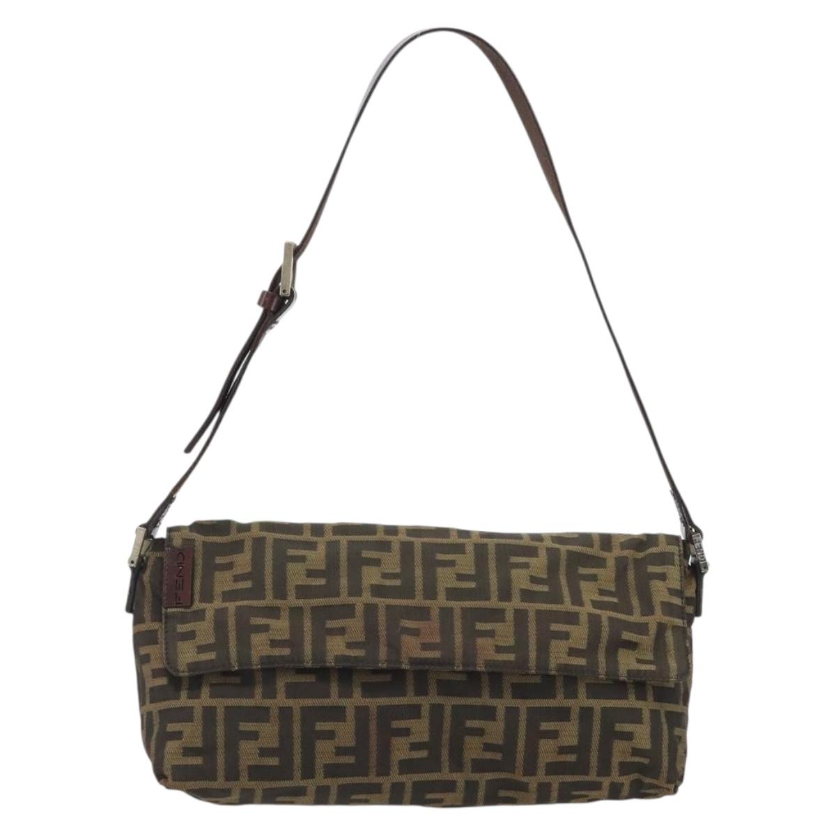 FENDI Zucca Canvas Shoulder Bag Brown Black Auth 190406