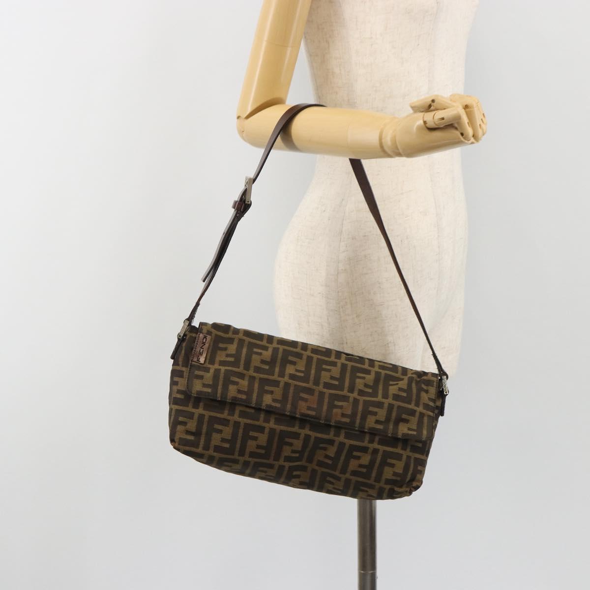 FENDI Zucca Canvas Shoulder Bag Brown Black Auth 190406