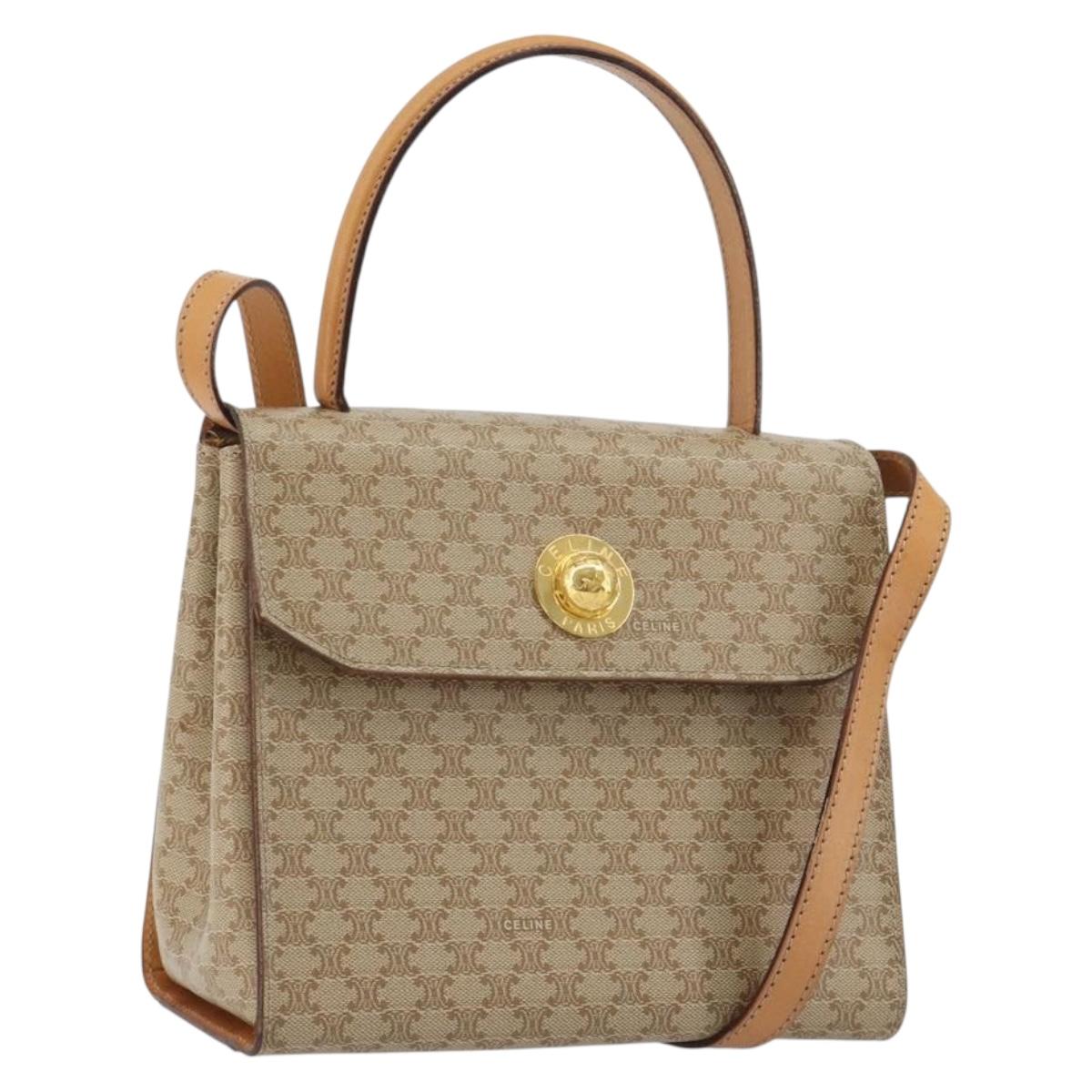CELINE Macadam Canvas Star Ball Hand Bag PVC 2way Beige Gold Auth 190408A
