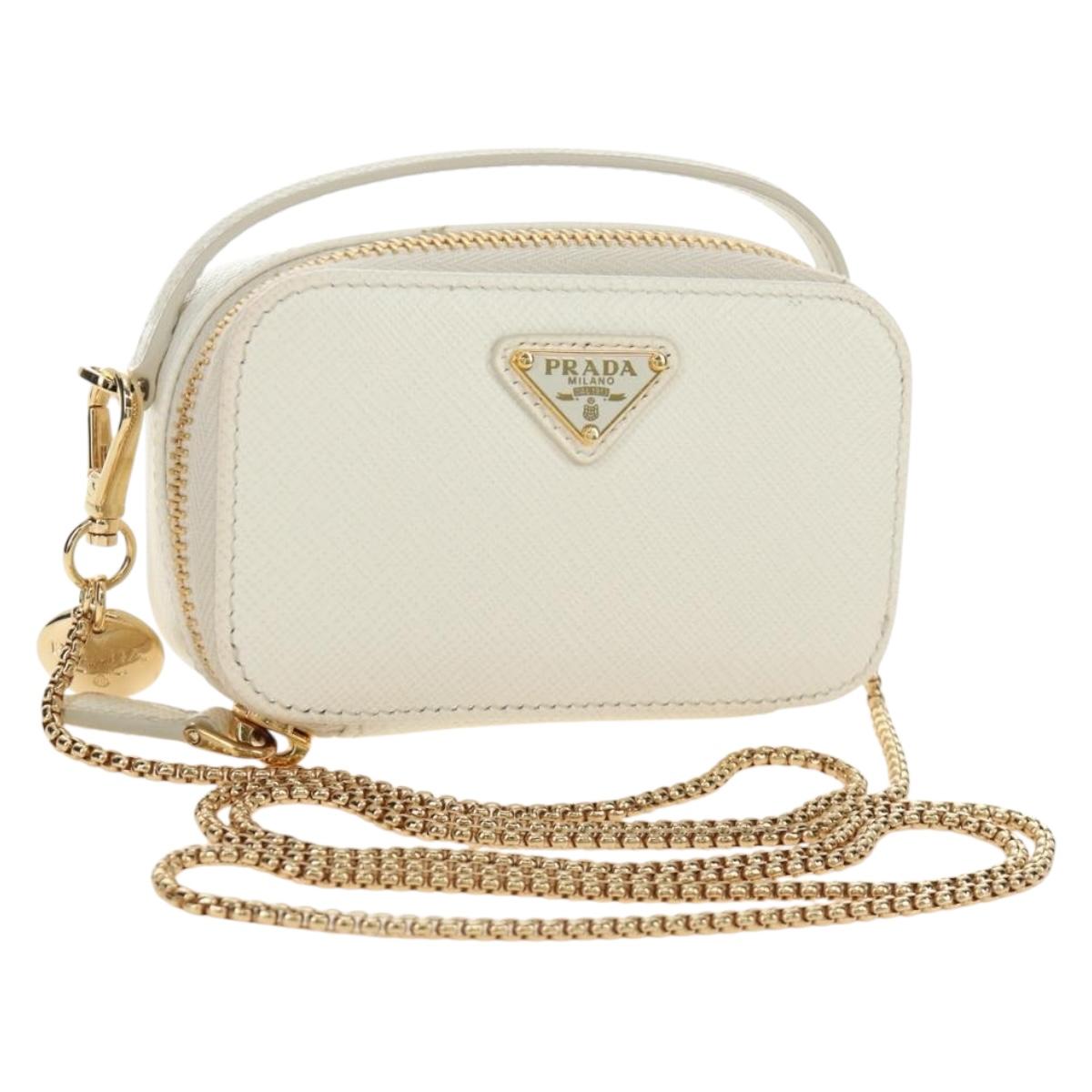 PRADA Chain Shoulder Mini Bag Safiano leather White Gold Auth 190429M
