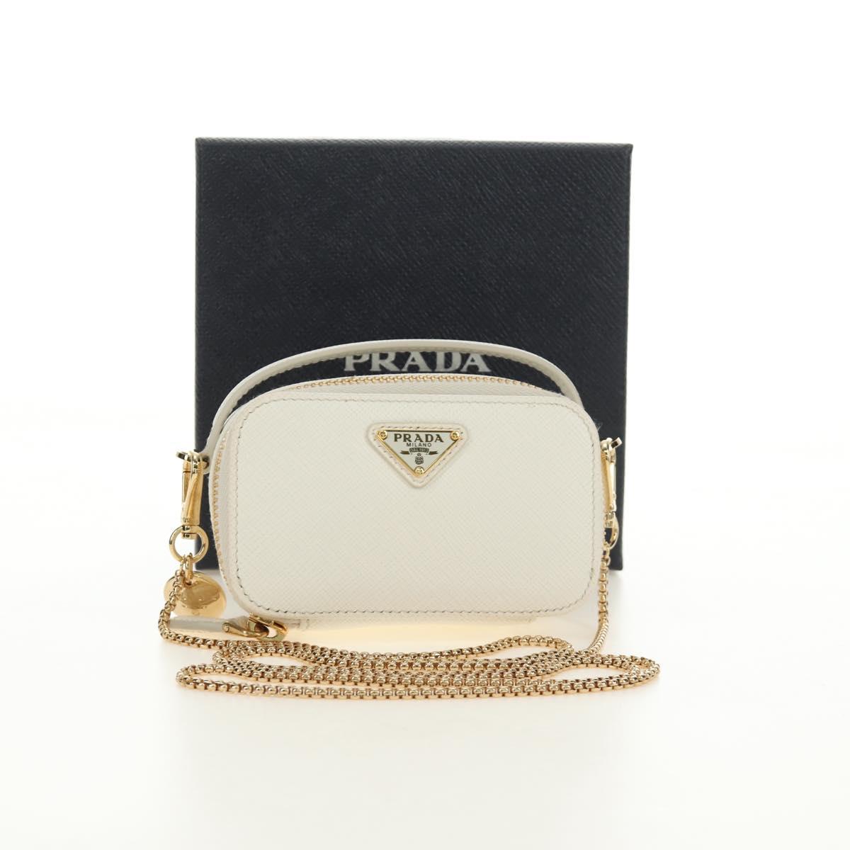 PRADA Chain Shoulder Mini Bag Safiano leather White Gold Auth 190429M