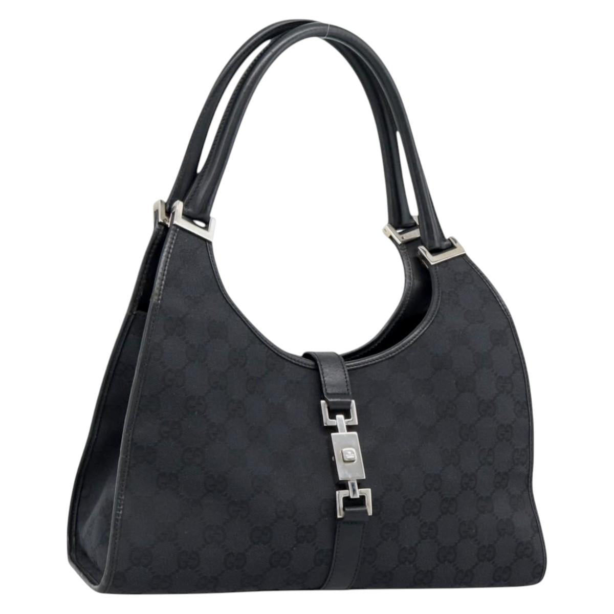 GUCCI GG Canvas Jackie Hand Bag Black Silver 002 1067 Auth 190433A