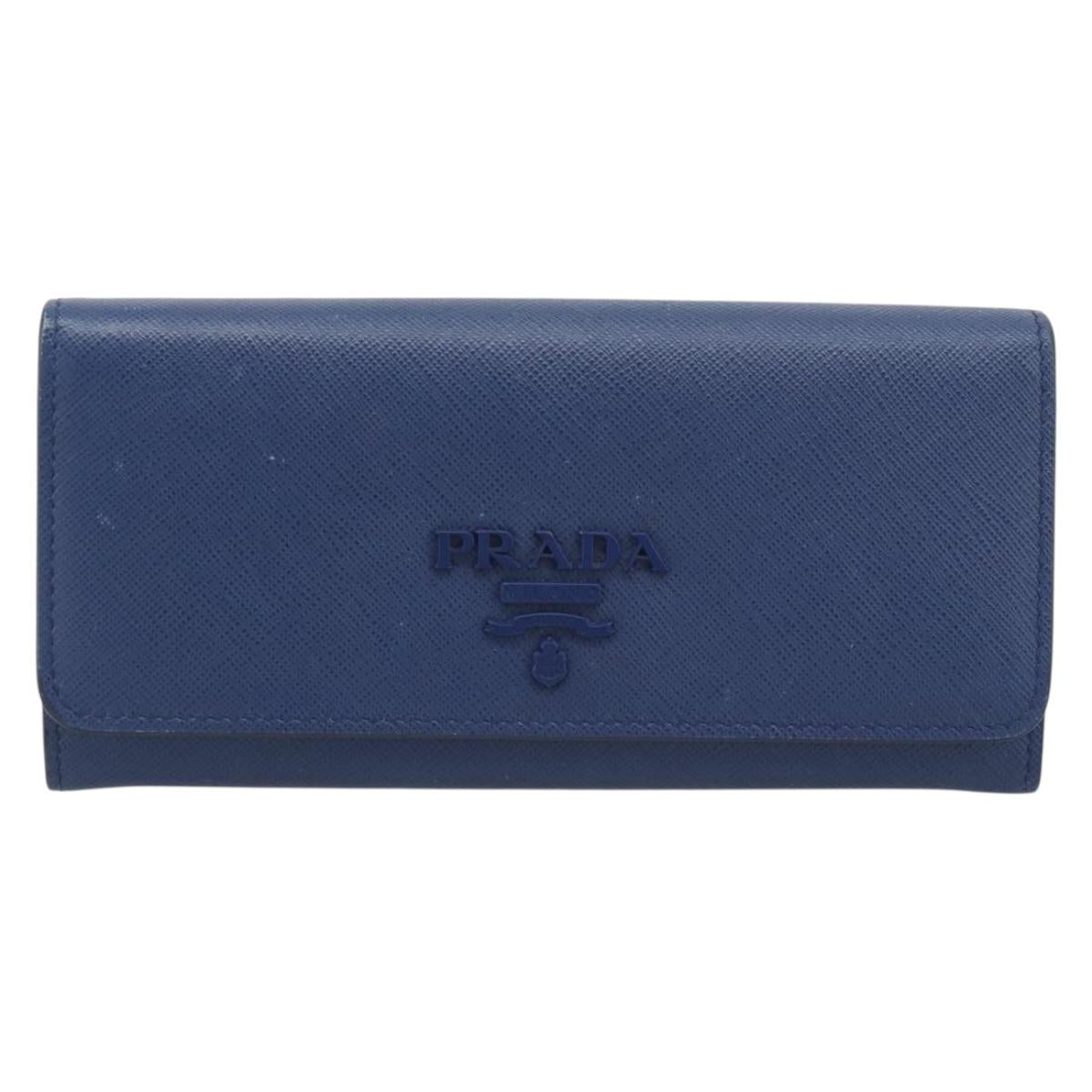 PRADA Long Wallet Safiano Leather Blue Gold Auth 190465A