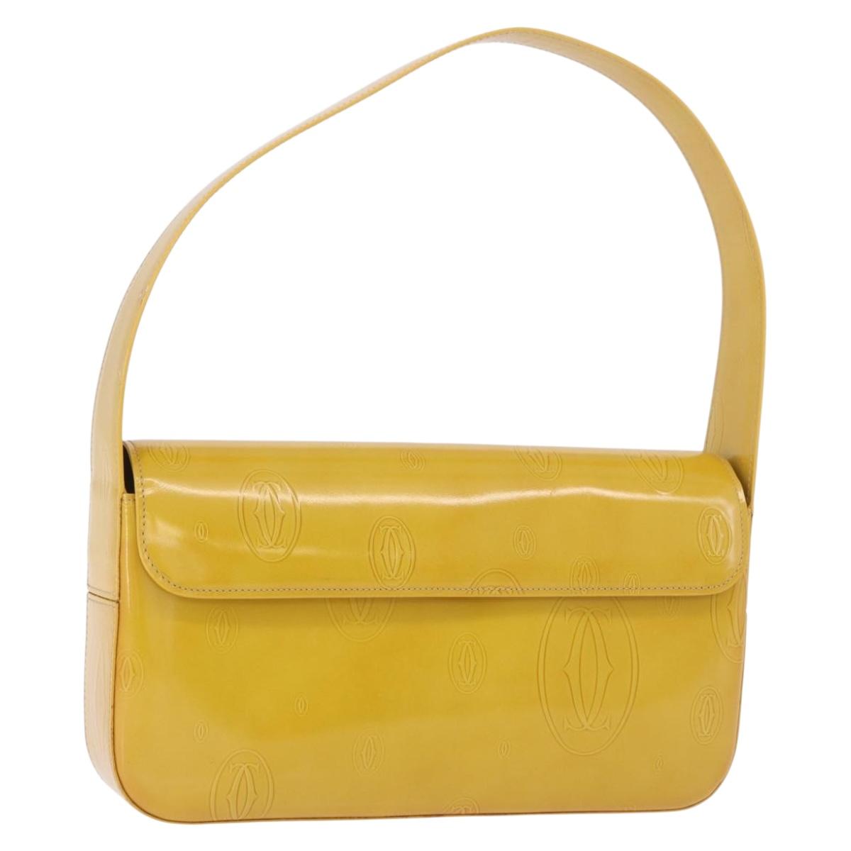 CARTIER Shoulder Bag Patent Leather Yellow Silver Auth 190468V