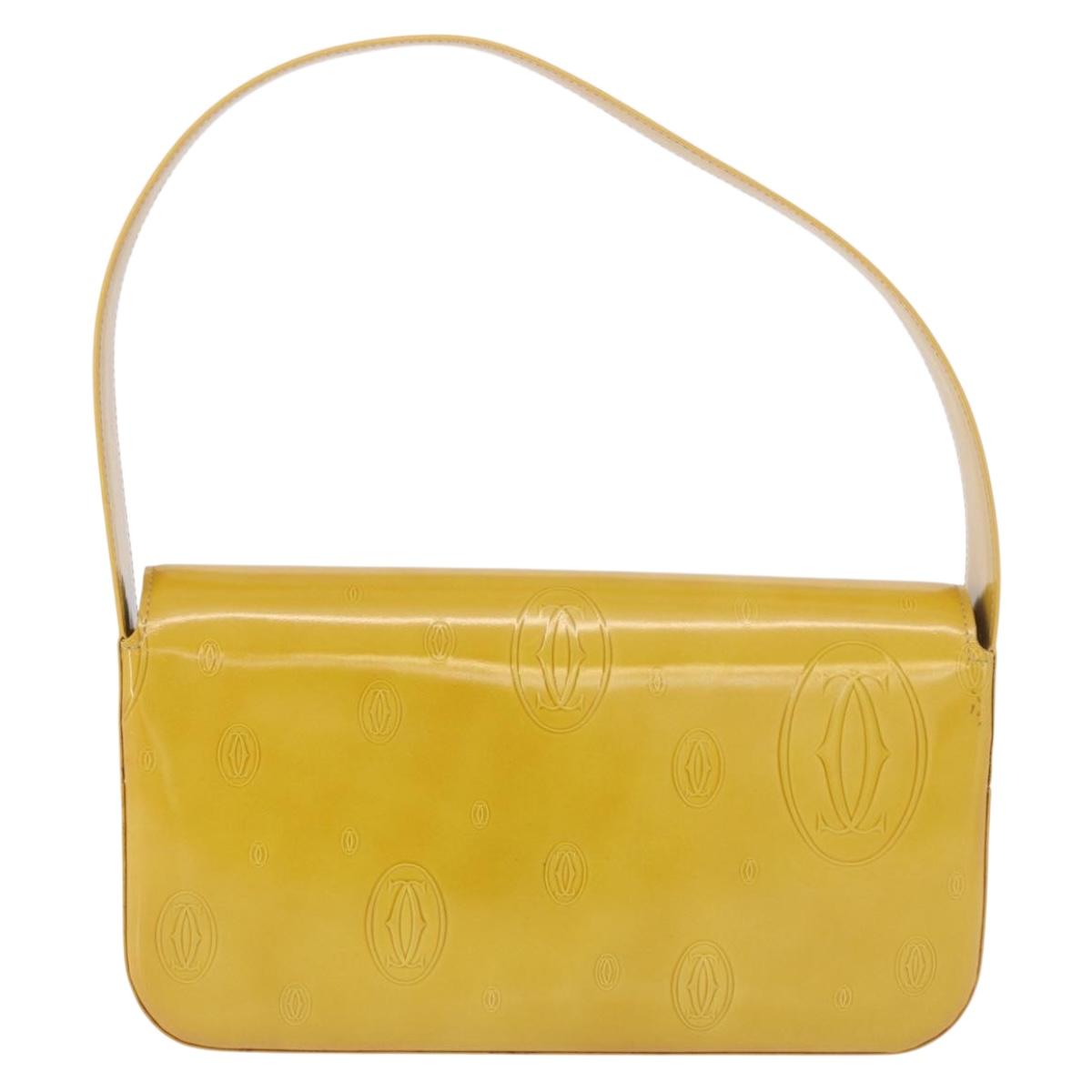 CARTIER Shoulder Bag Patent Leather Yellow Silver Auth 190468V