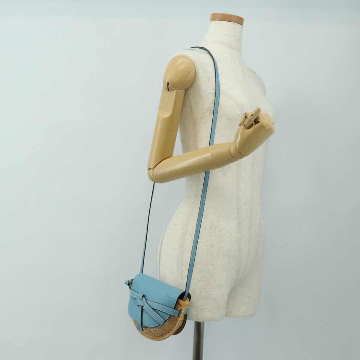 LOEWE Gate Bag Shoulder Bag Raffia Light Blue Gold Auth 190481M