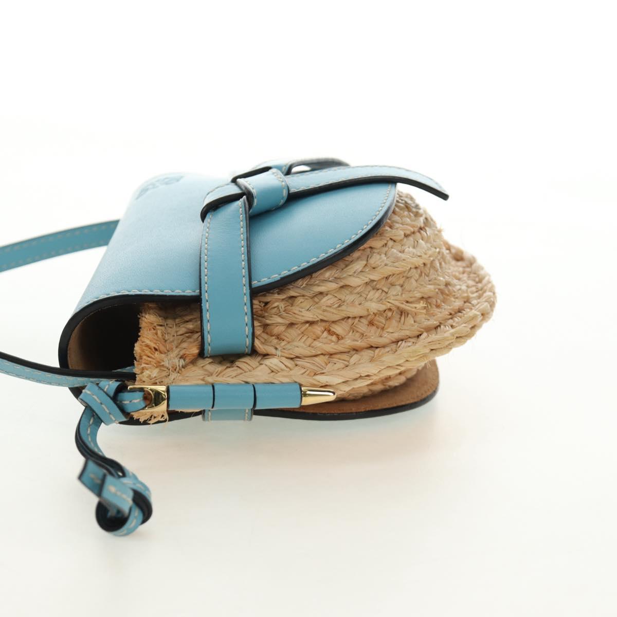 LOEWE Gate Bag Shoulder Bag Raffia Light Blue Gold Auth 190481M