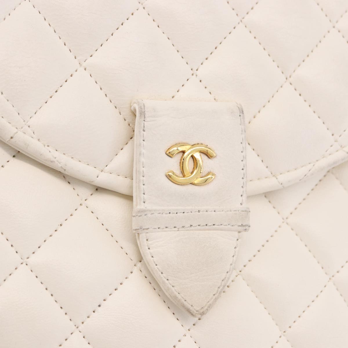 CHANEL Matelasse Chain Shoulder Bag Lamb Skin White Gold CC Auth 190491