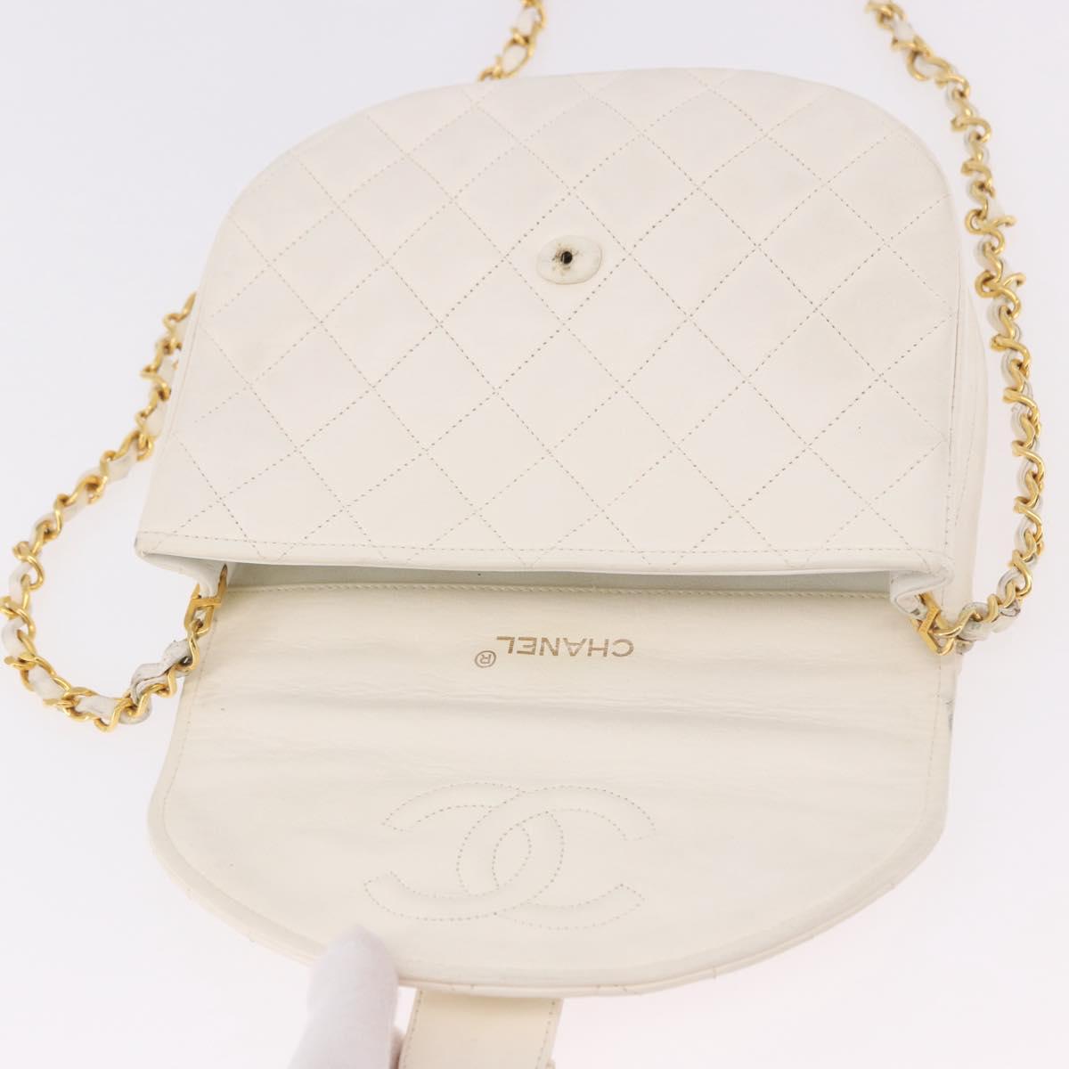 CHANEL Matelasse Chain Shoulder Bag Lamb Skin White Gold CC Auth 190491