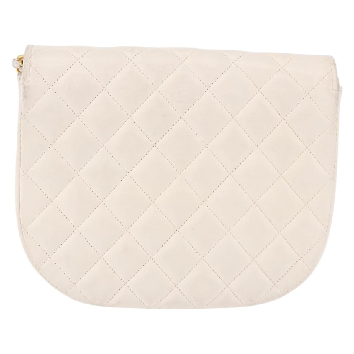 CHANEL Matelasse Chain Shoulder Bag Lamb Skin White Gold CC Auth 190491