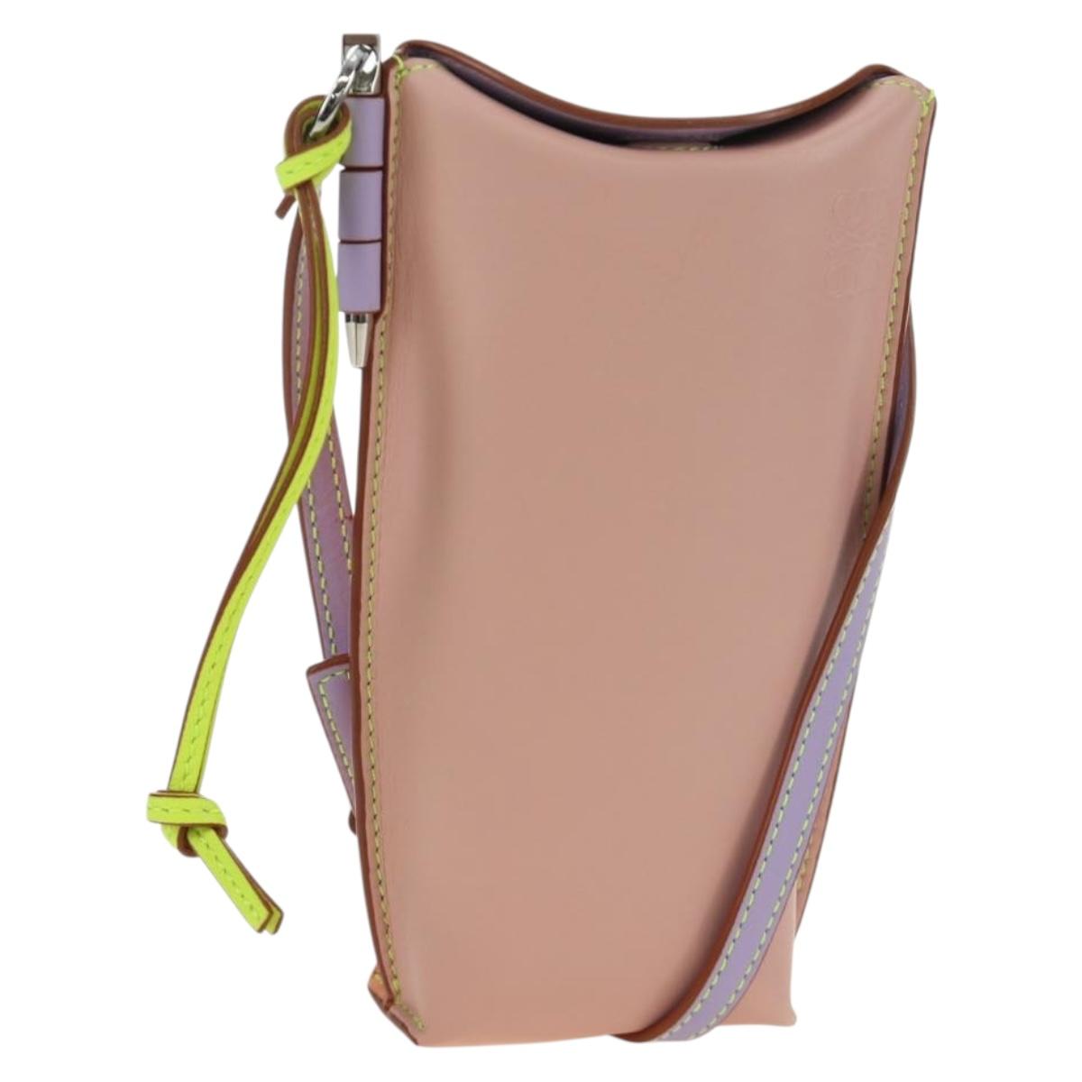 LOEWE Gate Bag Phone Holder Shoulder Bag Leather Pink Silver Auth 190506M