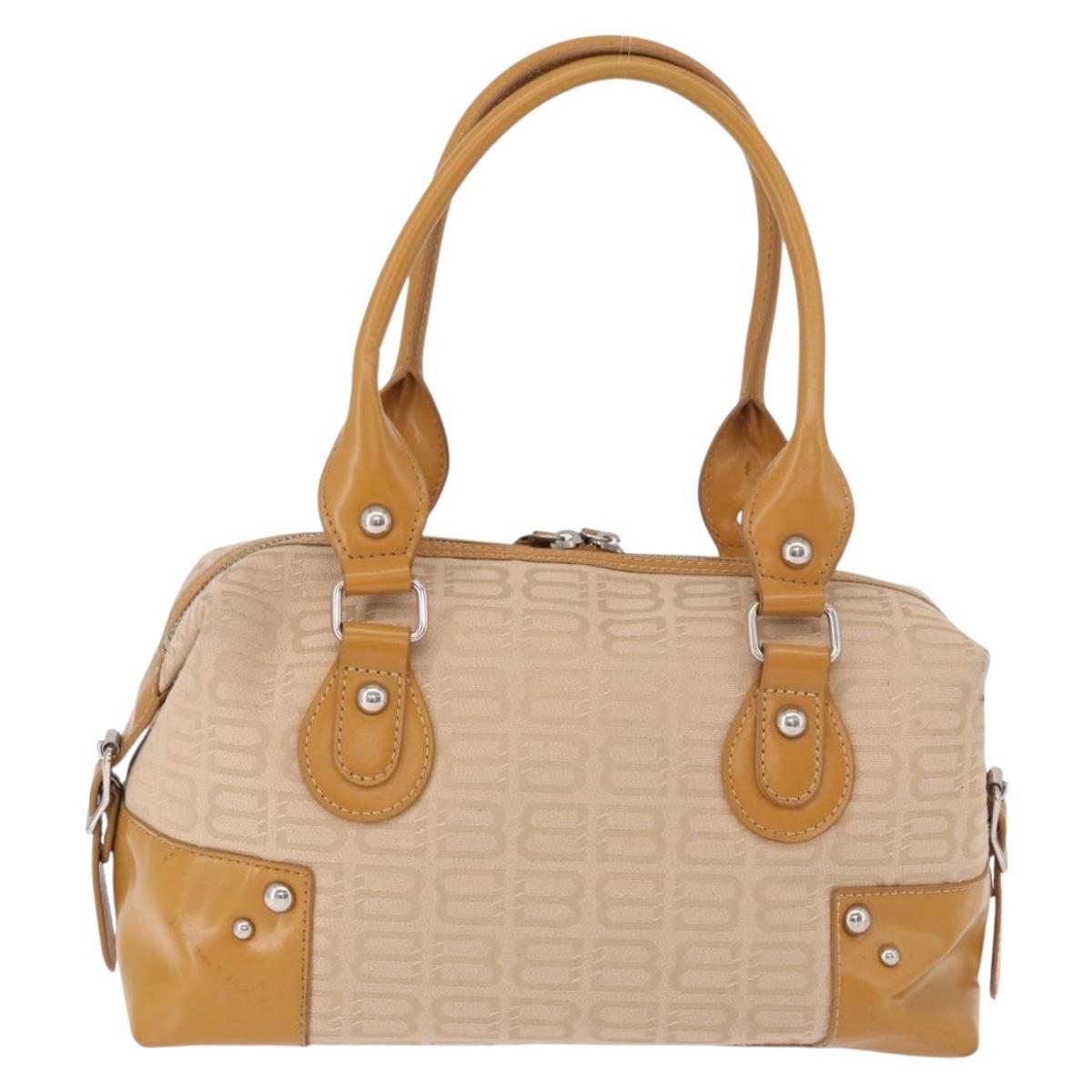 BALENCIAGA Boston Bag Canvas Beige Silver Auth 190552