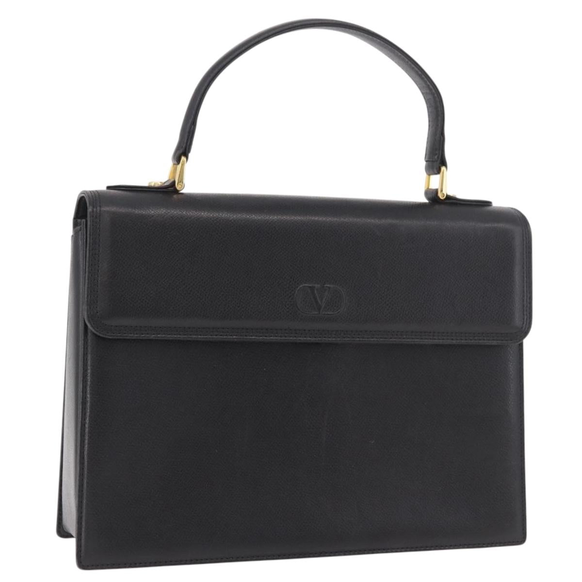 VALENTINO Hand Bag Leather Black Gold Auth 190581