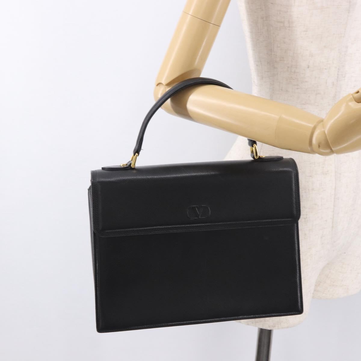 VALENTINO Hand Bag Leather Black Gold Auth 190581