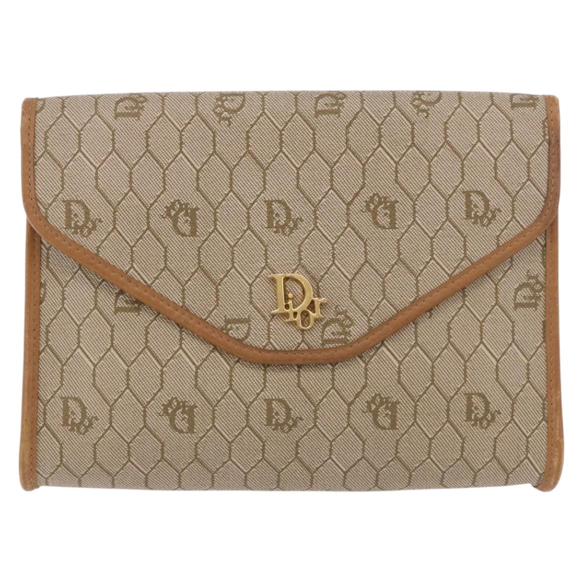 Christian Dior Honeycomb Canvas Chain Shoulder Bag PVC Beige Gold Auth 190583