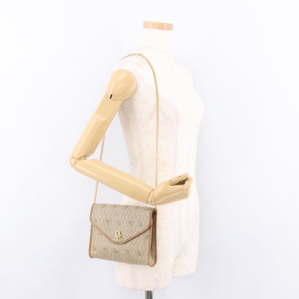 Christian Dior Honeycomb Canvas Chain Shoulder Bag PVC Beige Gold Auth 190583