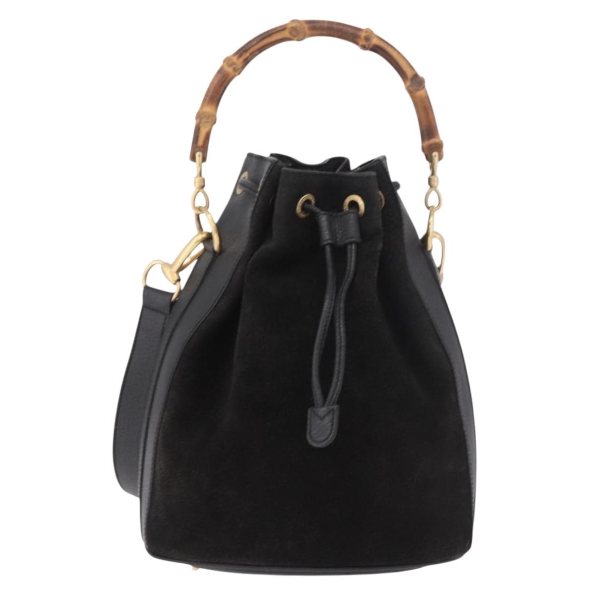 GUCCI Bamboo Hand Bag Suede 2way Black Gold 001 3754 Auth 190587