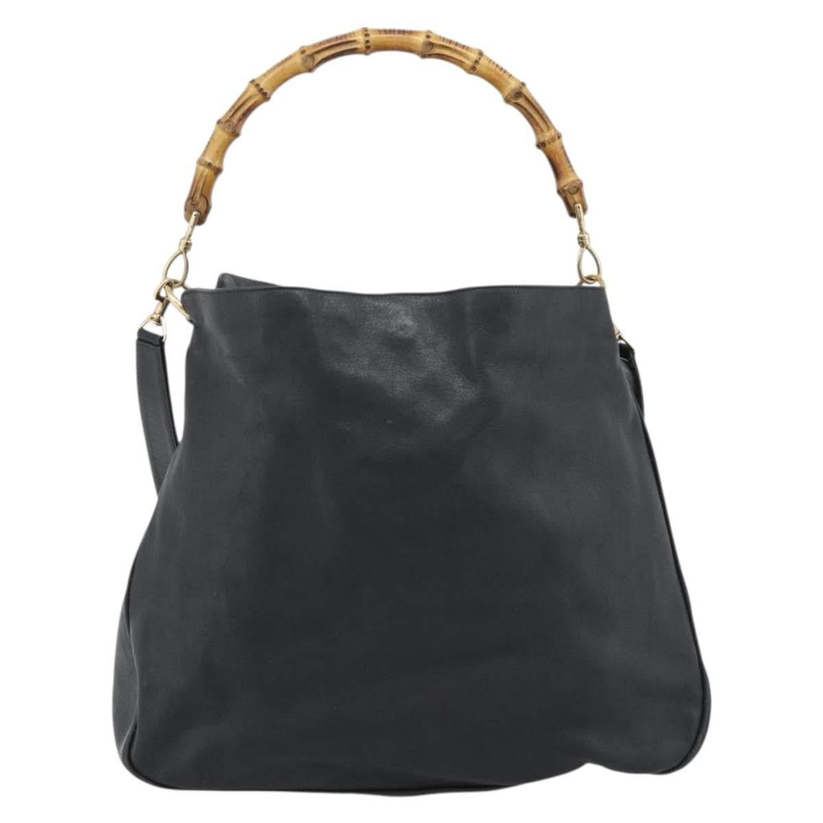 GUCCI Bamboo Hand Bag Leather 2way Black Gold 001 0166 Auth 190590