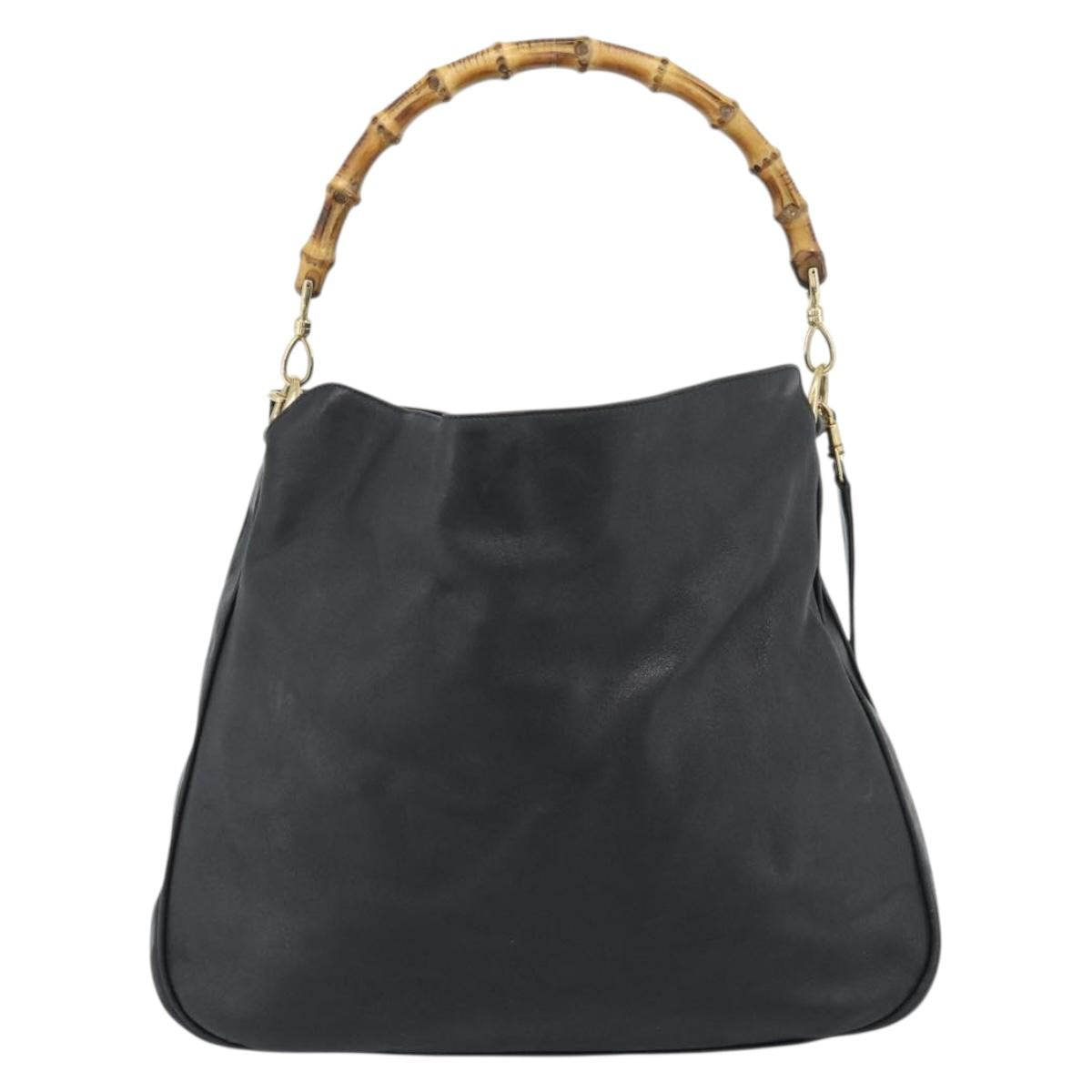 GUCCI Bamboo Hand Bag Leather 2way Black Gold 001 0166 Auth 190590