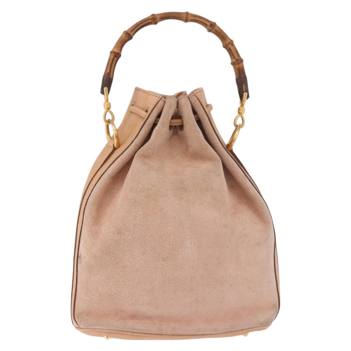 GUCCI Bamboo Hand Bag Suede Beige Gold 001 2865 Auth 190592
